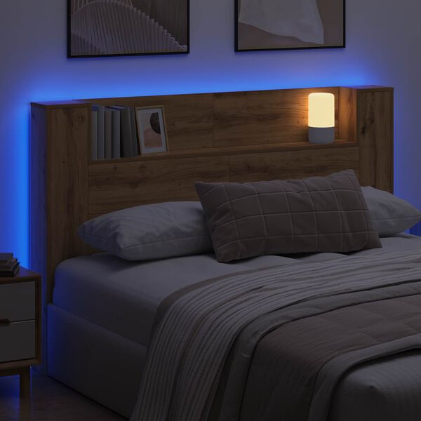 vidaXL Cabinet de T&ecirc;te de Lit avec LED avec &eacute;tag&egrave;re Ch&ecirc;ne Artisanal