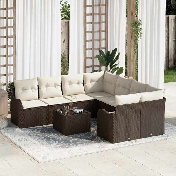 vidaXL Ensemble de canap&eacute; de jardin avec coussin 9 pcs Marron et Cr&egrave;me