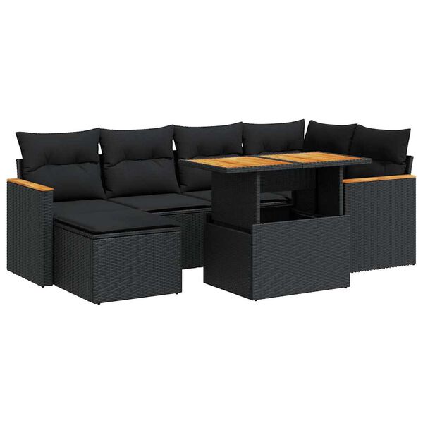 vidaXL Salon de jardin avec coussins 7 pcs noir résine tressée acacia