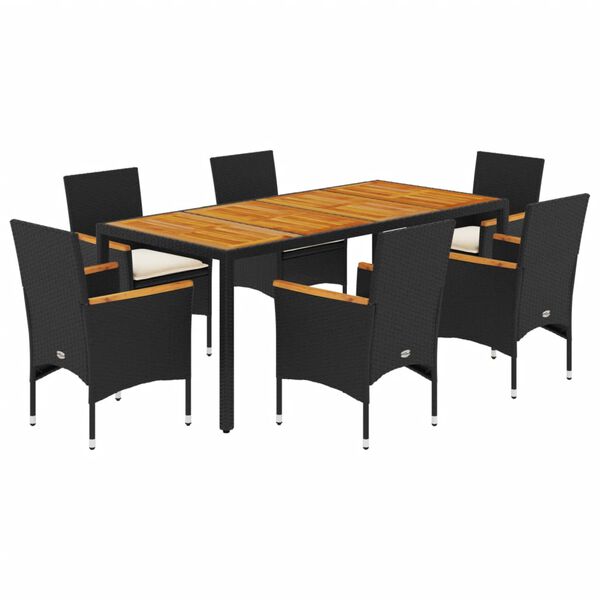 vidaXL Ensemble &agrave; manger de jardin et coussins 7pcs noir rotin acacia