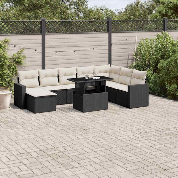 vidaXL Salon de jardin 9 pcs avec coussins noir résine tressée