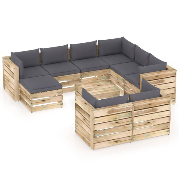 vidaXL Salon de jardin 10 pcs avec coussins Bois impr&eacute;gn&eacute; de vert