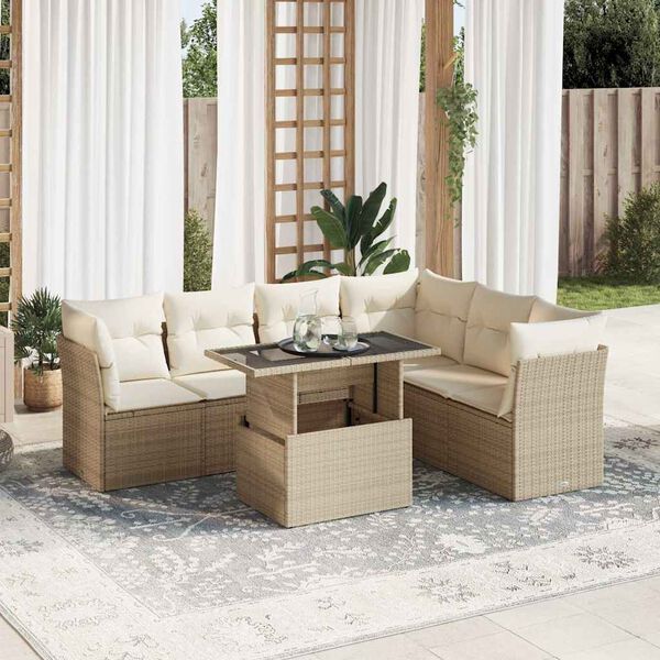 vidaXL Salon de jardin avec coussins 7 pcs beige r&eacute;sine tress&eacute;e