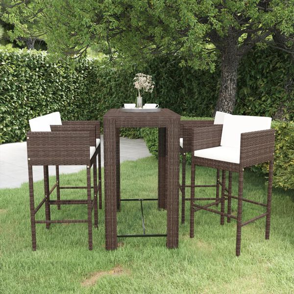 vidaXL Ensemble bar de jardin 5 pcs et coussins Résine tressée Marron