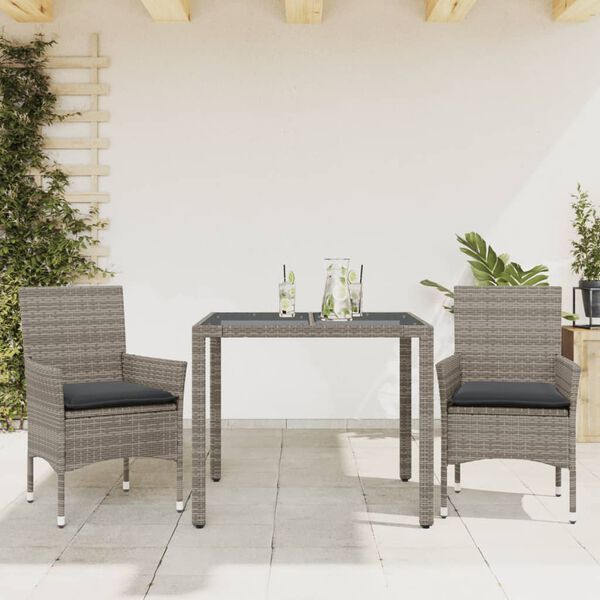 vidaXL Ensemble &agrave; manger de jardin et coussins 3 pcs gris rotin verre
