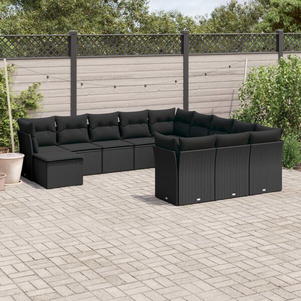 vidaXL Salon de jardin 12 pcs avec coussins noir r&eacute;sine tress&eacute;e