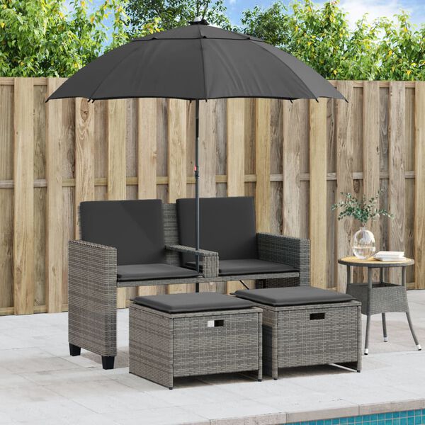 vidaXL Canapé de jardin 2 places avec parasol et tabourets gris rotin