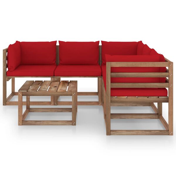 vidaXL Salon de jardin 6 pcs avec coussins rouge Bois de pin impr&eacute;gn&eacute;