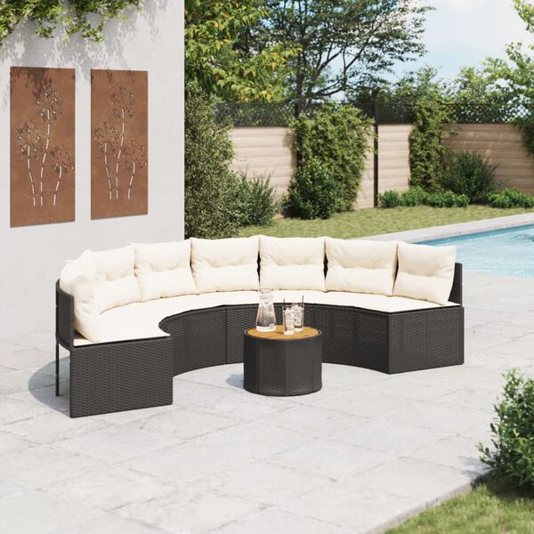 vidaXL Canap&eacute; de jardin table coussins demi-rond noir r&eacute;sine tress&eacute;e