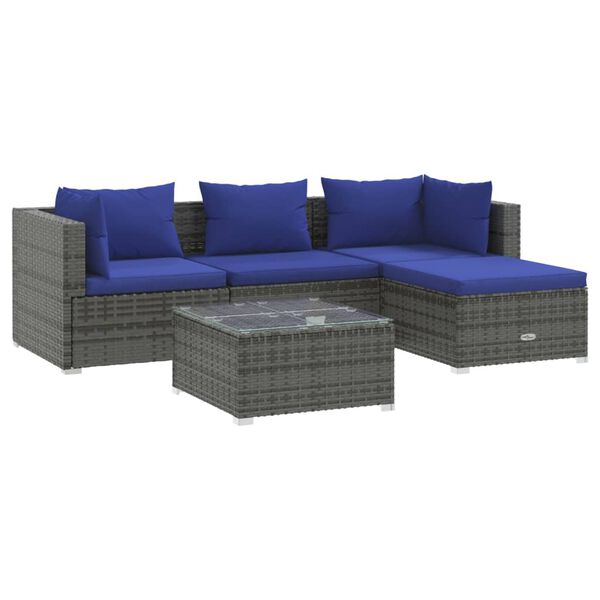 vidaXL Salon de jardin 5 pcs avec coussins résine tressée gris