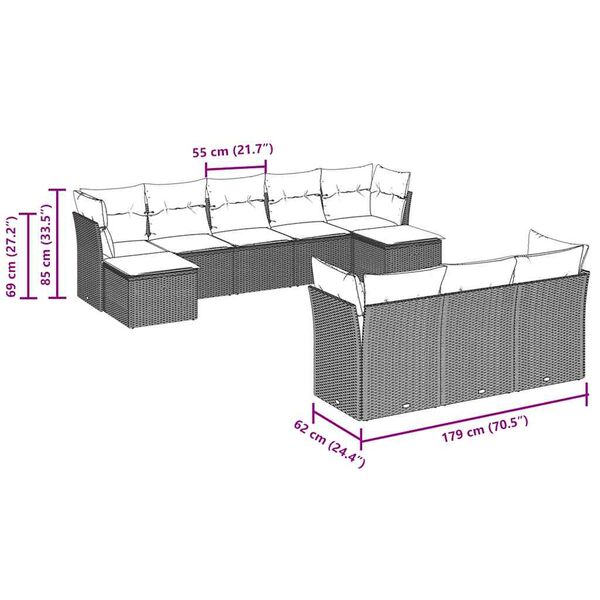 vidaXL Salon de jardin avec coussins 10 pcs gris clair r&eacute;sine tress&eacute;e