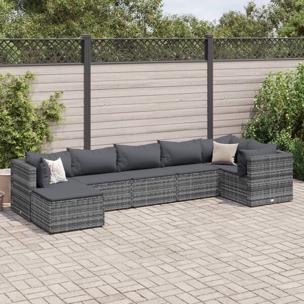 vidaXL Salon de jardin 7 pcs avec coussins Gris R&eacute;sine tress&eacute;e