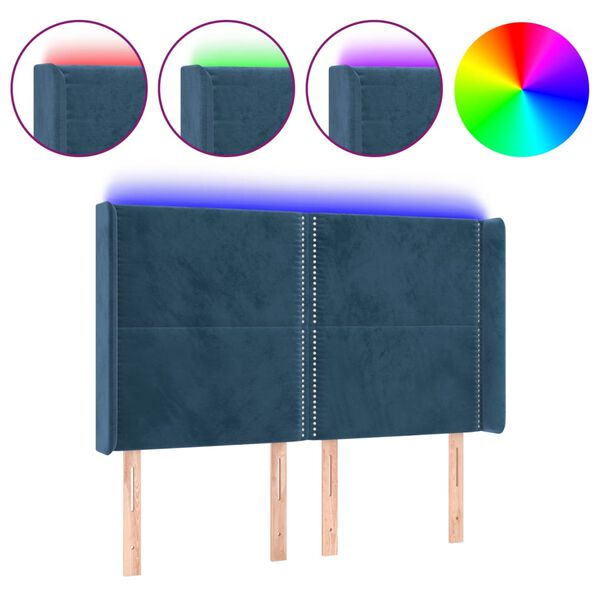 vidaXL T&ecirc;te de lit &agrave; LED Bleu fonc&eacute; 147x16x118/128 cm Velours