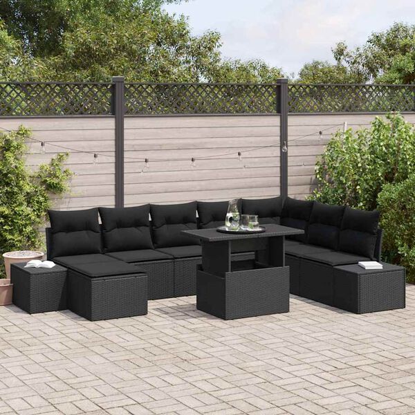 vidaXL Ensemble de canap&eacute; de jardin avec coussin 9 pcs Noir polyrotin