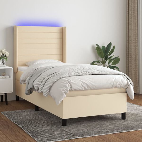 vidaXL Sommier &agrave; lattes de lit matelas et LED Cr&egrave;me 90x190 cm Tissu