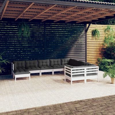 vidaXL Salon de jardin 10 pcs avec coussins blanc bois de pin