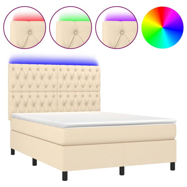 vidaXL Sommier &agrave; lattes de lit et matelas et LED Cr&egrave;me 140x200cm Tissu