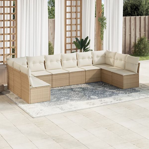 vidaXL Salon de jardin avec coussins 10 pcs beige résine tressée