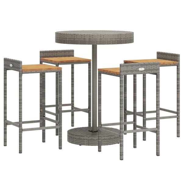 vidaXL Ensemble de bar jardin 5 pcs gris poly rotin/bois massif acacia