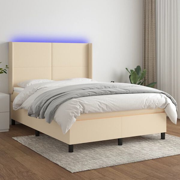 vidaXL Sommier &agrave; lattes de lit matelas et LED Cr&egrave;me 140x200 cm Tissu