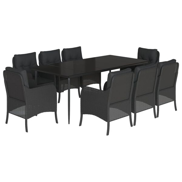 vidaXL Ensemble &agrave; manger de jardin 9pcs coussins noir r&eacute;sine tress&eacute;e