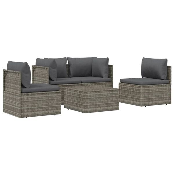 vidaXL Salon de jardin 5 pcs avec coussins Gris R&eacute;sine tress&eacute;e