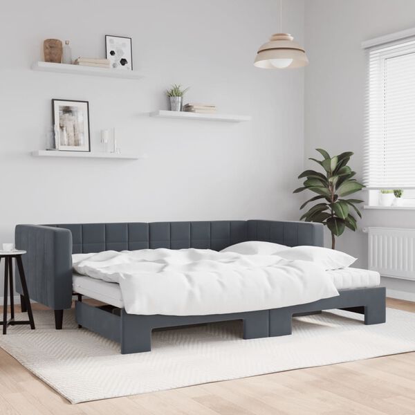 vidaXL Lit de jour avec gigogne et matelas gris foncé 90x200cm velours