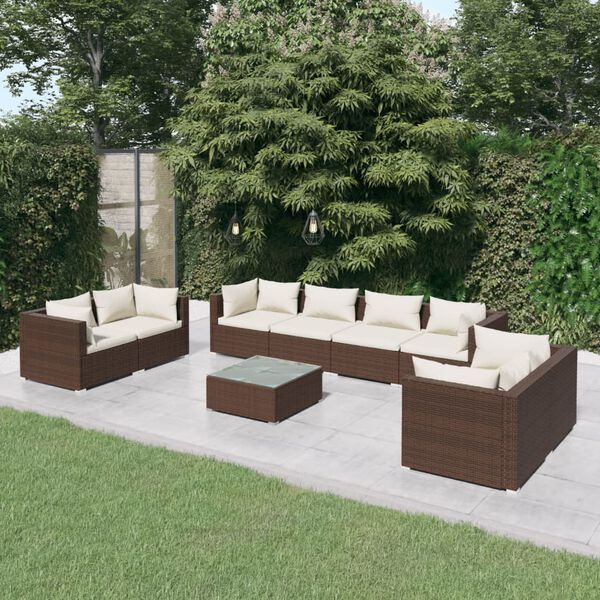 vidaXL Salon de jardin 9 pcs avec coussins R&eacute;sine tress&eacute;e Marron