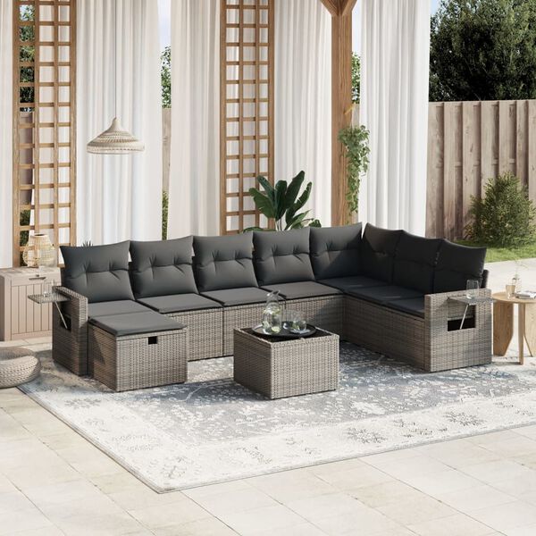 vidaXL Salon de jardin 9 pcs avec coussins gris r&eacute;sine tress&eacute;e