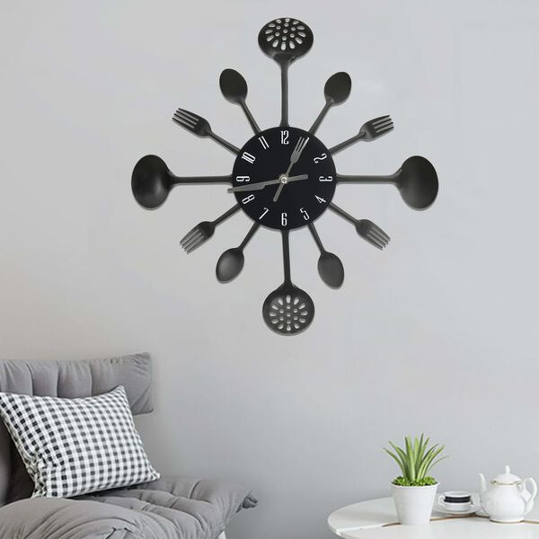 vidaXL Horloge murale et cuill&egrave;re avec fourchette Noir 40 cm Aluminium