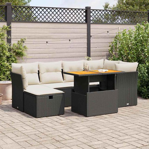 vidaXL Salon de jardin avec coussins 7 pcs noir r&eacute;sine tress&eacute;e acacia