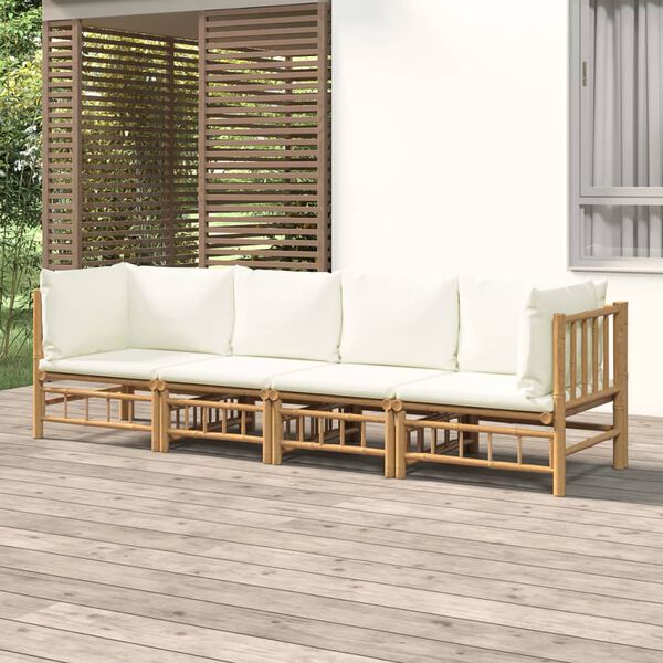 vidaXL Salon de jardin 4 pcs avec coussins blanc crème bambou