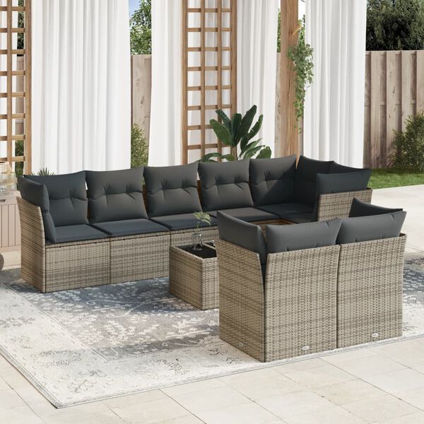 vidaXL Salon de jardin 9 pcs avec coussins gris résine tressée