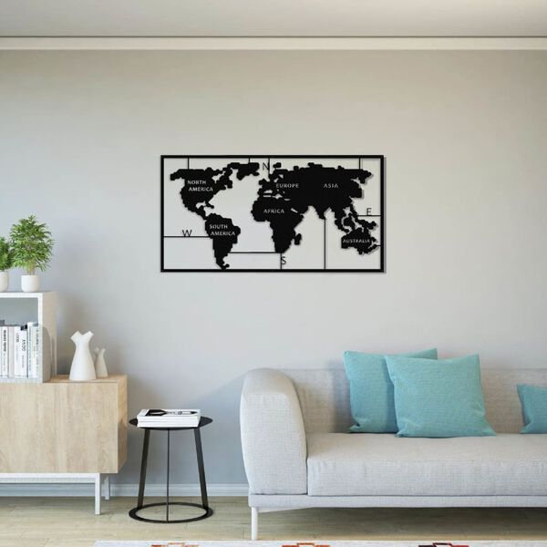 Homemania D&eacute;coration murale Carte du monde 90x55 cm M&eacute;tal Noir