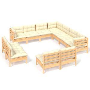 vidaXL Salon de jardin 11 pcs avec coussins cr&egrave;me Bois de pin solide
