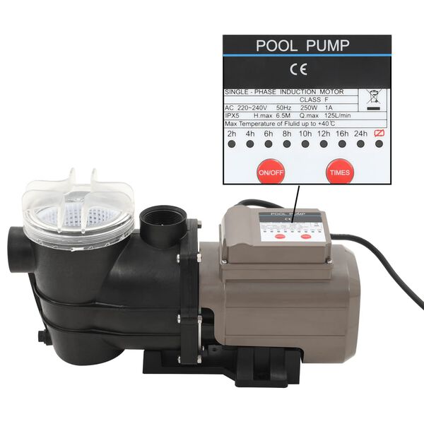 vidaXL Pompe de piscine avec minuterie Noir 0,25 CH 8000 l / h