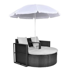 vidaXL Lit de jardin avec parasol Noir R&eacute;sine tress&eacute;e