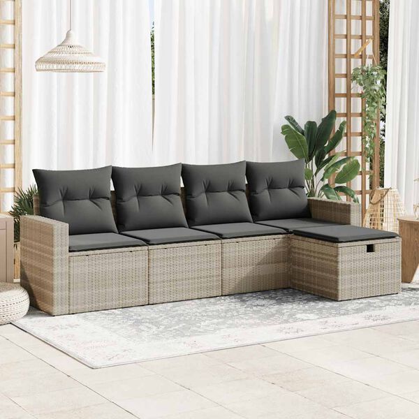 vidaXL Salon de jardin 5 pcs avec coussins gris clair r&eacute;sine tress&eacute;e
