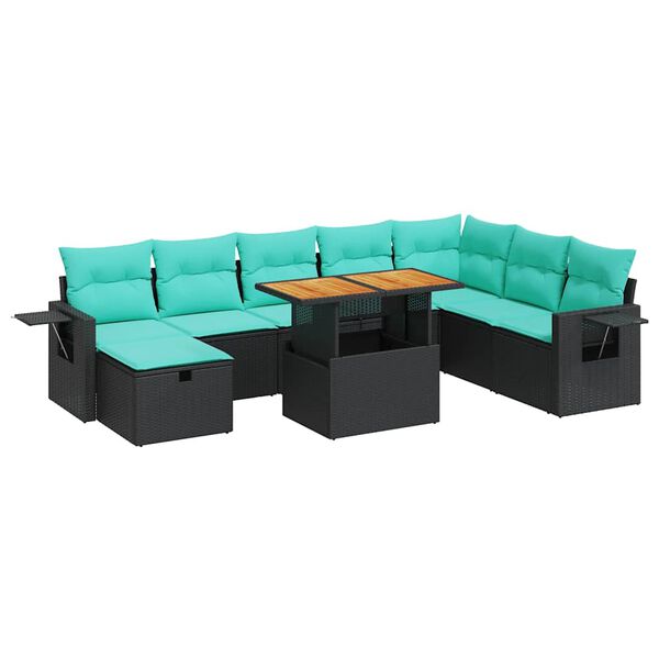 vidaXL Salon de jardin avec coussins 9 pcs noir r&eacute;sine tress&eacute;e acacia