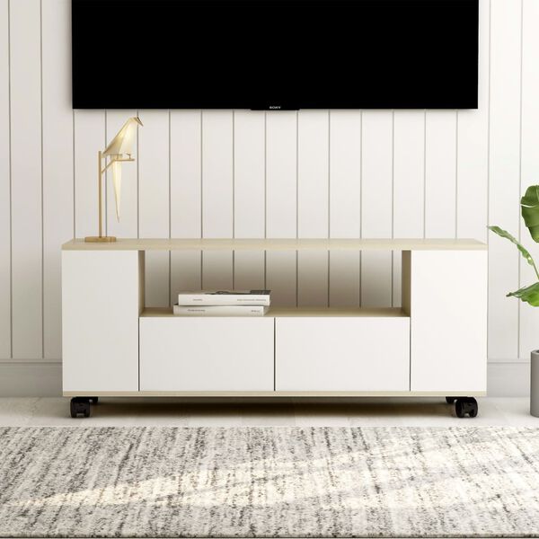 vidaXL Meuble TV Blanc et ch&ecirc;ne sonoma 120x35x48 cm Bois d'ing&eacute;nierie