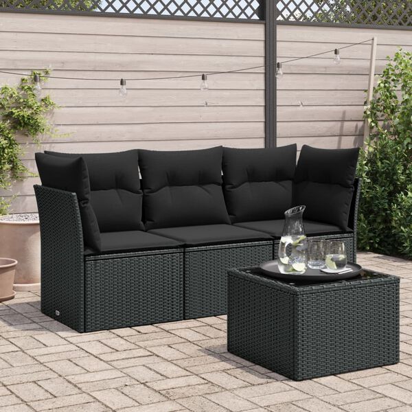 vidaXL Salon de jardin 4 pcs avec coussins noir r&eacute;sine tress&eacute;e