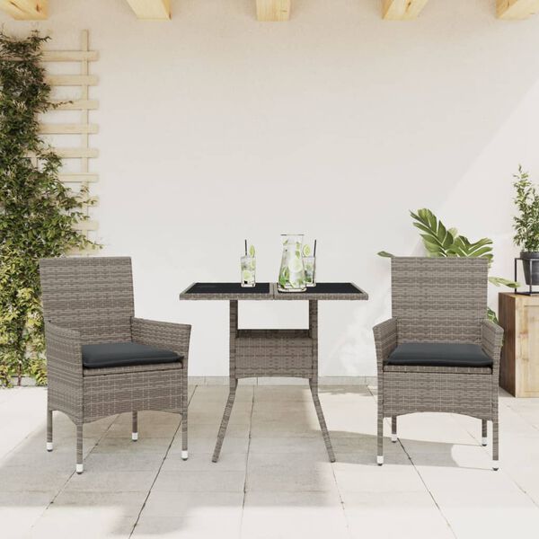 vidaXL Ensemble &agrave; manger de jardin et coussins 3 pcs gris rotin verre