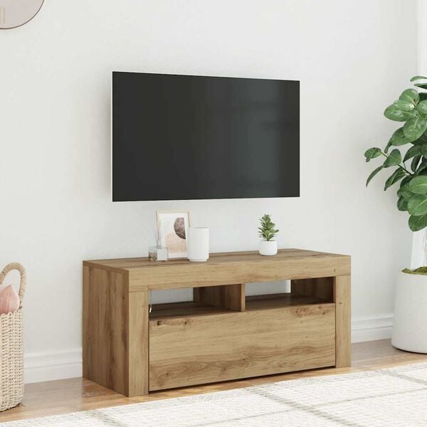 vidaXL Meuble TV avec lumi&egrave;res LED ch&ecirc;ne artisanal bois d'ing&eacute;nierie