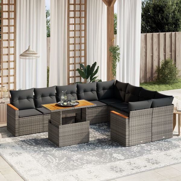 vidaXL Salon de jardin avec coussins 10 pcs gris r&eacute;sine tress&eacute;e