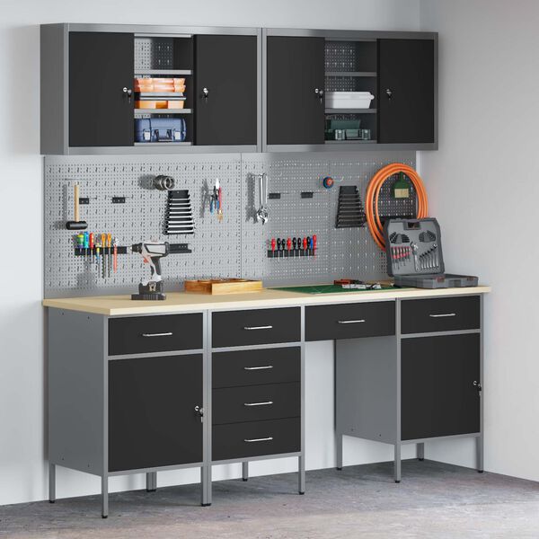 vidaXL Placard de travail 10 pcs Noir Bois d'ing&eacute;nierie et acier