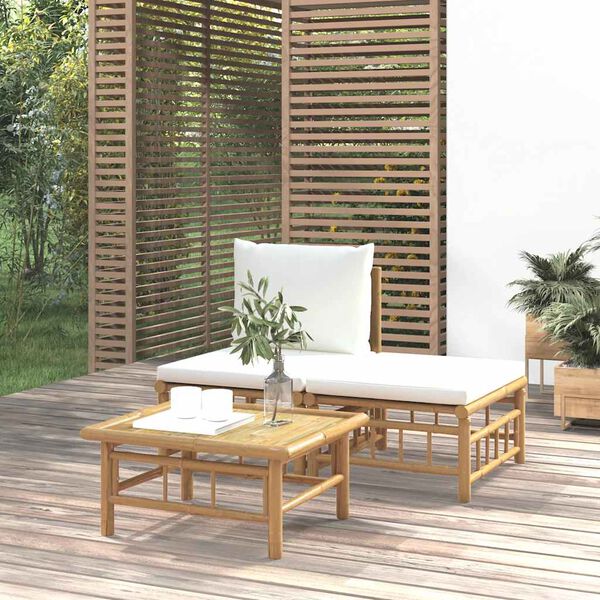 vidaXL Salon de jardin 3 pcs avec coussins blanc cr&egrave;me bambou