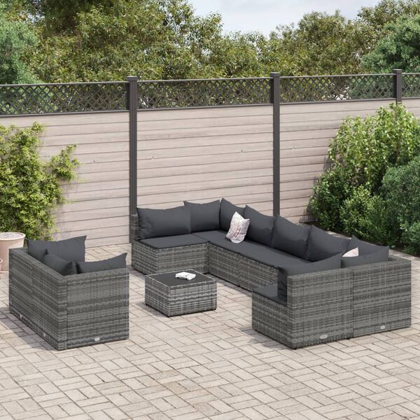 vidaXL Salon de jardin 9 pcs avec coussins gris résine tressée