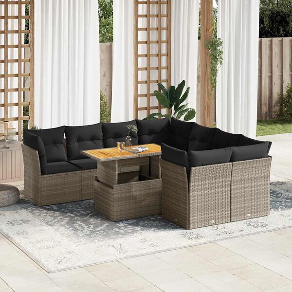 vidaXL Salon de jardin 9 pcs avec coussins gris r&eacute;sine tress&eacute;e