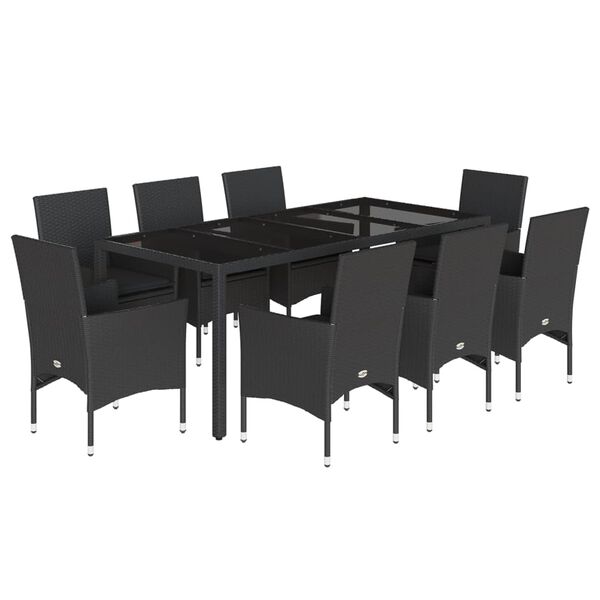 vidaXL Ensemble &agrave; manger de jardin et coussins 9 pcs noir rotin verre