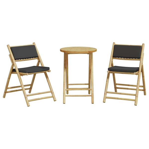 vidaXL Ensemble de bistro pliante 3 pcs et coussins gris fonc&eacute; bambou